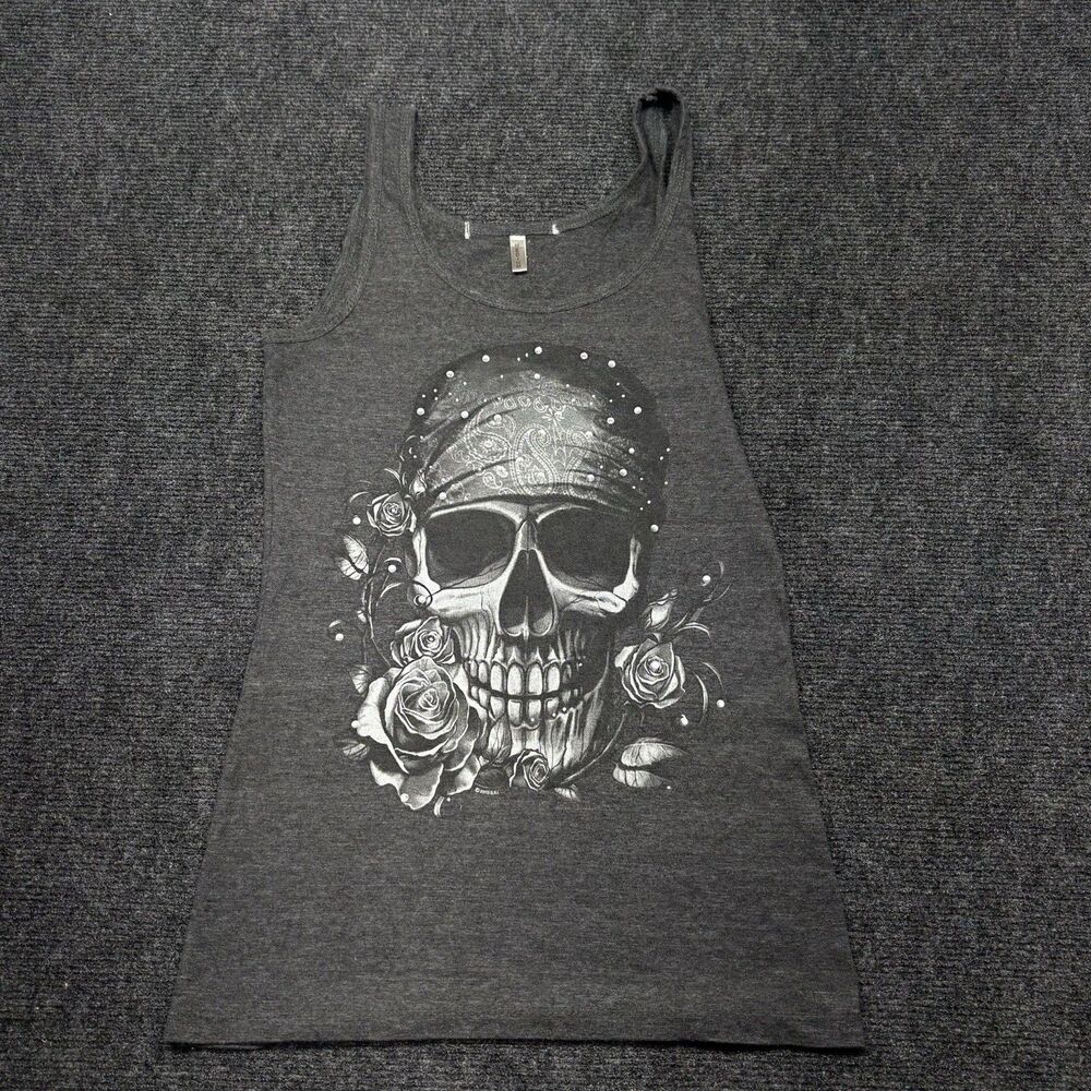 Skull Roses Tank Top Womens M Dark Gray Rhinestone Graphic Bling Biker Shirt